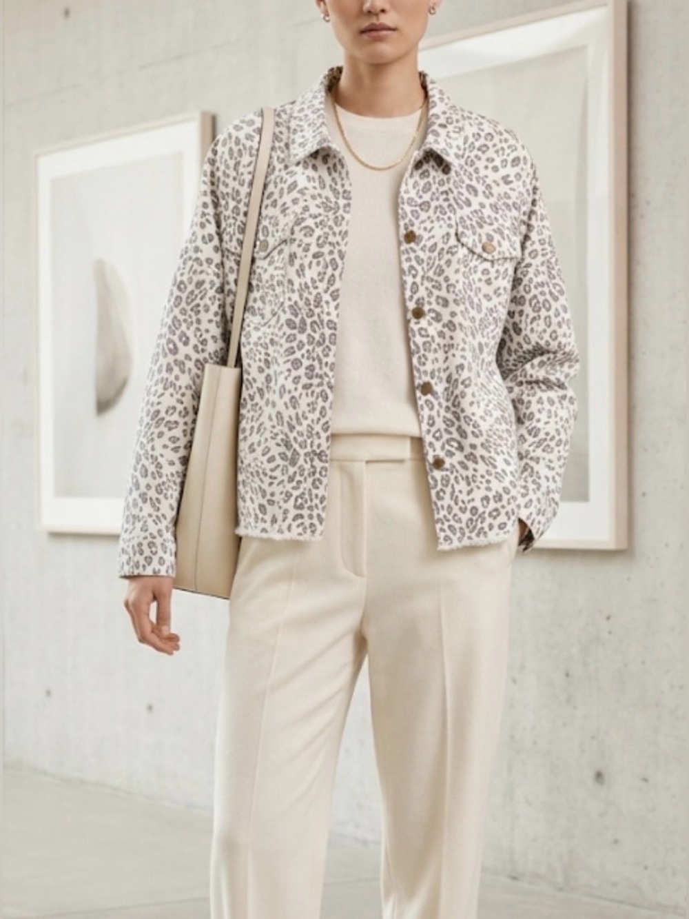 Mud Pie Jacket Coat Frayed Bottom Button Up Sterling Cream Gray Leopard L boho
